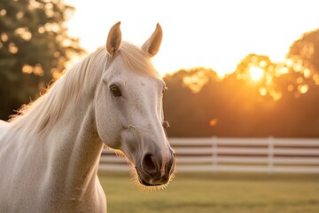Obraz premium Beautiful white horse standing in a green field at sunset with a warm glow and a serene atmosphere