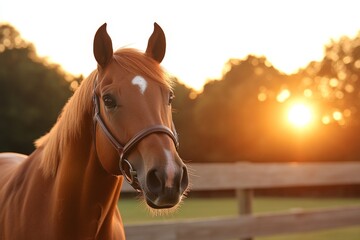 Naklejka premium Beautiful chestnut horse stands calmly in a field during a sunset