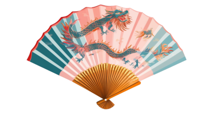 Dragon Boat Festival PNG file transparent background – Flat vector of a colorful fan with dragon boat illustration