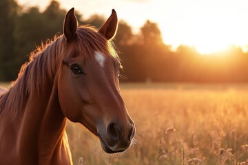 Obraz premium Majestic brown horse stands in golden grass during sunset in a serene countryside landscape