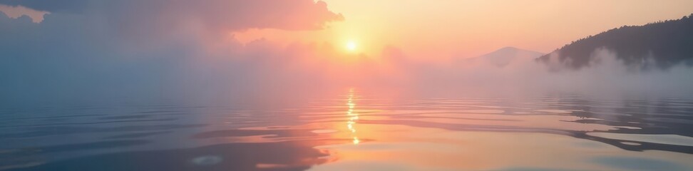 Fototapeta premium Misty dawn, subtle sea ripples reflecting soft light, coastal, sea ripple