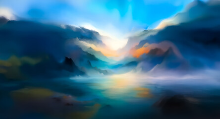 Dreamy abstract landscape with mountains reflecting in water under a bright sky. Blue, orange, and yellow hues create a tranquil, painterly scene.