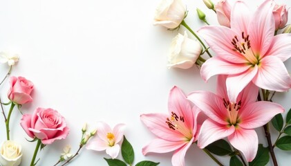 Fototapeta premium Pastel roses, lilies, wildflowers on white background, romantic, flowers