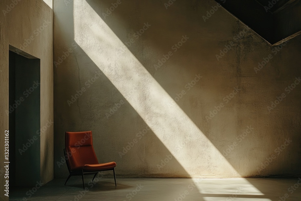 Poster a single red chair sits next to a wall, providing a pop of color in a neutral space