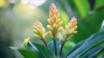 Fototapeta premium Backdrops with a blurred background of jungle nature, green flowers, woodland, and rainforest 