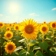 Fototapeta premium Vibrant sunflower field under bright blue summer sky with focused foreground bloom