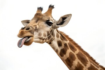 expressive giraffe with tongue out isolated on white background