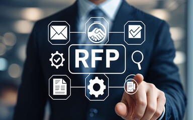 RFP Request for Proposal Business Process with Digital Interface Technology.  Business Man using virtual touch screen by finger