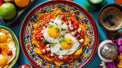 Fototapeta premium Colorful Breakfast Plate with Eggs, Sauce, and Tortilla Chips