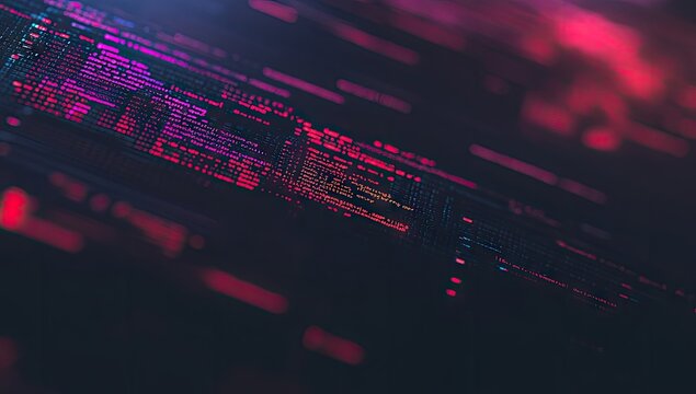Abstract digital code display with vibrant colors. Dynamic, flowing lines of code against a dark background - Powered by Adobe