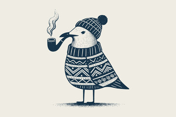 Seagull in sweater with pipe in bold minimalistic line art