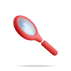 3D red magnifying glass isolated on white. Render plastic cartoon zoom lens. Loupe tool icon. Discovery, analysis, research, investigation, search concept. Vector illustration