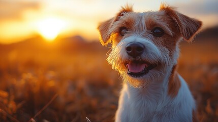 Jack Russell Terrier in a sunlit field, vibrant colors, realistic fur texture, close-up portrait. Joyful simplicity in nature's embrace.Jack Russell Terrier