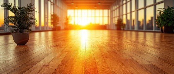 Sunlit Office Space with Warm Wooden Floor and Urban View