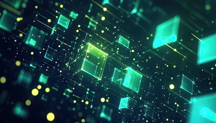 Futuristic network of interconnected glowing cubes.  Dynamic digital illustration showcasing a complex system of interconnected glowing cubes, with lines and points connecting them
