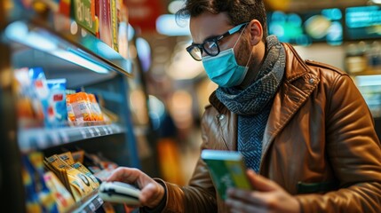 Man in mask shopping for snacks in supermarket