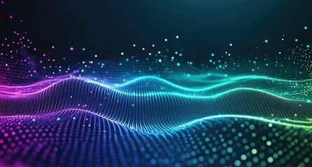 Abstract digital wave of vibrant colors.  Interconnected glowing particles form a wavy pattern.  Dynamic, futuristic, and energetic