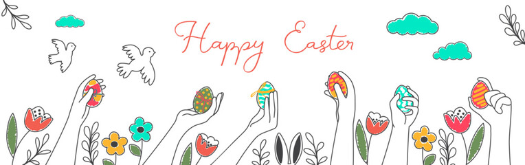Happy Easter. Hand-drawn Horizontal Doodle background. People holding Easter eggs, Easter bunny ears, flowers, birds. Vector festive background for wrapping paper, banner, greeting card, poster
