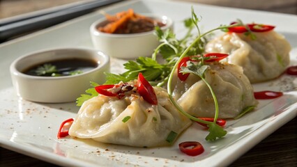 Elegant Steamed Dumplings with Fresh Salad and Soy Sauce in a Restaurant Setting