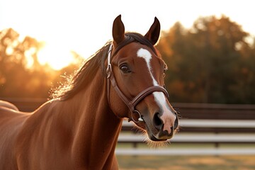 Naklejka premium Horse standing majestically in the pasture during golden hour as sunlight casts a warm glow in the background