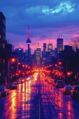 Vibrant cityscape at dusk with illuminated streets and skyline featuring a tower in the background