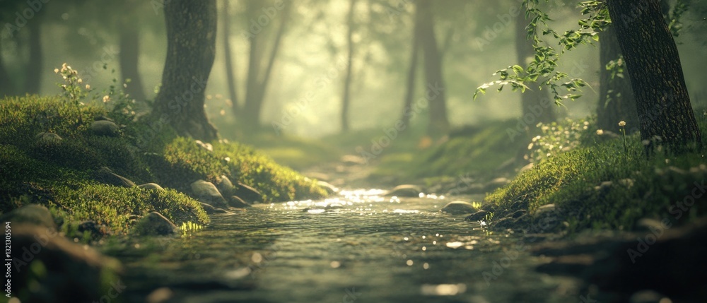 Poster Lush green forest with a serene stream running through it