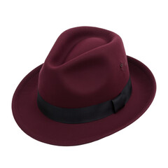 Stylish felt fedora hat, deep burgundy color, perfect accessory for casual outings or formal events, ideal for fashion enthusiasts. Isolated on white background or PNG