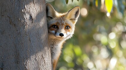 Fox curiously peering from behind a tree
