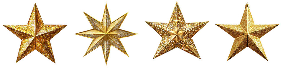 Shimmering golden star shapes in various geometric designs for holiday festive background  Elegant modern and contemporary golden star ornaments with a touch of glitter and sparkle