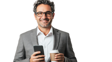 A man in a suit holding a cell phone and a cup of coffee