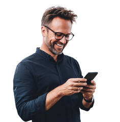 A man with glasses is smiling while holding a cell phone