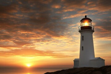 Sunset at the coastal lighthouse illuminating the horizon with warm colors and serene ocean waves