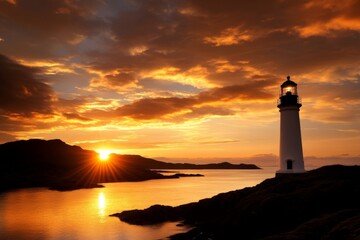 Fototapeta premium Lighthouse stands tall against a vibrant sunset over calm waters and rocky shoreline