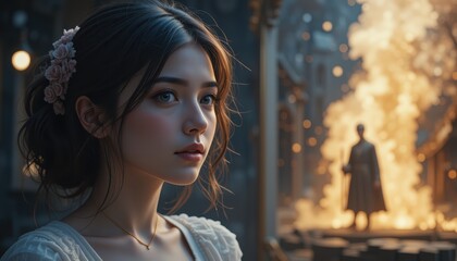 Fototapeta premium Young Woman Gazes Towards Distant Burning City