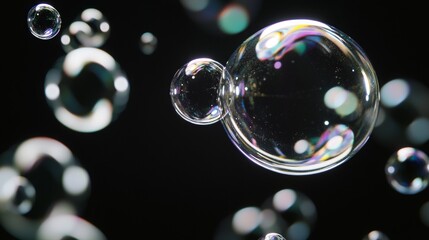 Realistic transparent soap bubbles floating against a black background. 