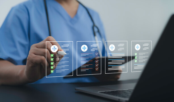 Doctor managing digital health records with advanced technology. Secure medical data system for modern hospitals