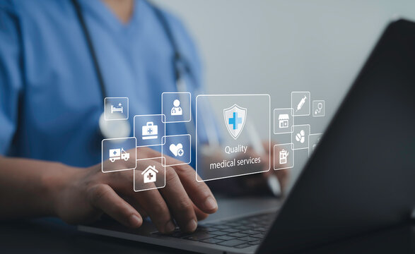 Medical professional using digital technology to manage quality healthcare services. Secure and efficient hospital evaluation and management