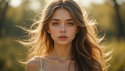 Obraz premium Young Woman With Long Brown Hair Outdoors