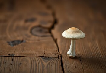 Single champignon mushroom sits on rustic wooden table, ingredient, edible