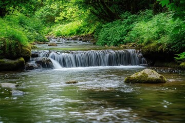 Tranquil creek cascading over rocks in a lush forest