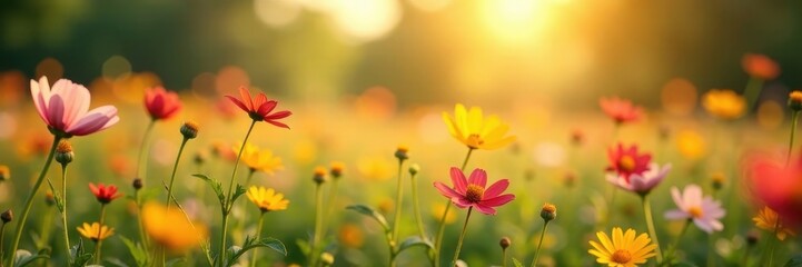 Obraz premium Soft focus sunlit field of vibrant wildflowers, blooming, spring