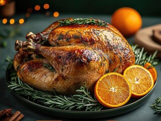 Roasted turkey garnished with herbs and oranges, set on a festive table with warm lights