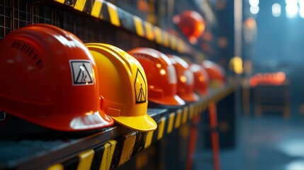 Safety helmets line up in a warehouse.