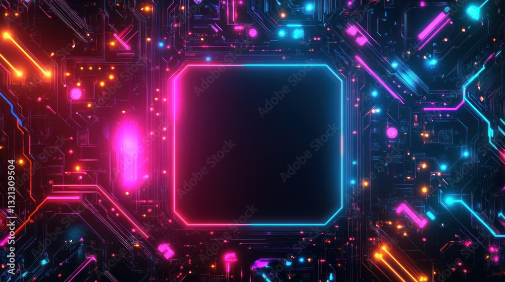 Poster texture with a bright neon circuit pattern, with empty space in the center for text or graphics. bac
