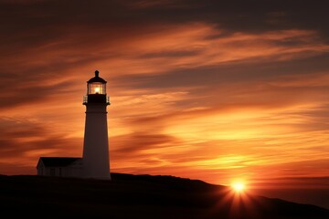 Sunset view of a lighthouse against dramatic skies near the ocean on a tranquil evening