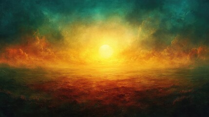 Obraz premium Epic sunrise over a hazy landscape; digital art; atmospheric backdrop