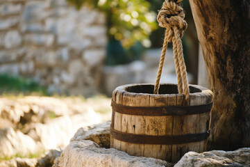 Traditional rural water well with bucket and rope system, close-up
