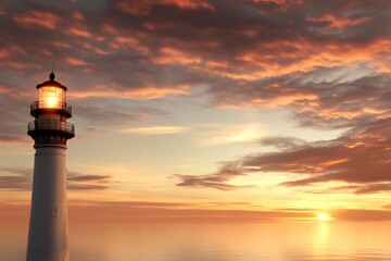 Sunset over the ocean with a lighthouse standing tall on the shore