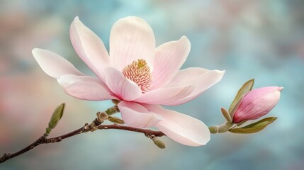 Obraz premium Close-up photo of a delicate white and pink magnolia flower and bud on branch, soft pastel background