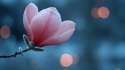 Single magnolia bloom covered in dewdrops, moody evening backdrop with subtle bokeh lights, serene atmosphere